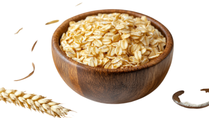 Wooden bowl filled with oat flakes, with wheat