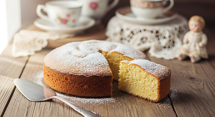 Delicious homemade sponge cake dusted with powdered sugar on a rustic wooden table with vintage teacups and a doll a classic tea time dessert for family gatherings and celebrations