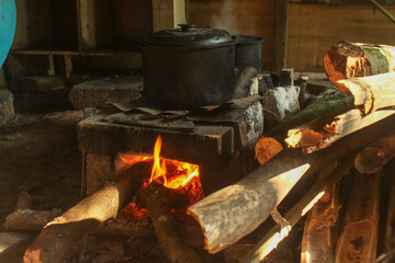 traditional kitchen with wood burning stove