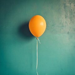 Single Orange Balloon Floating Against a Teal Textured Wall Symbolizing Celebration Joy and Minimalist Aesthetic