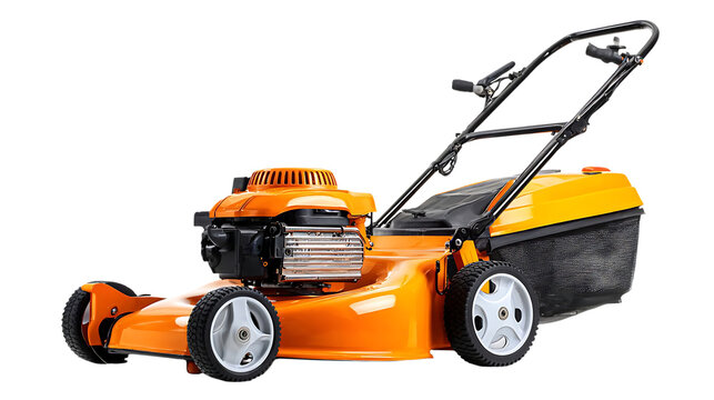 Lawn mower with an orange engine and grass collection box stands ready for yard maintenance isolated on a transparent background for gardening themes.