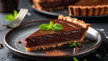 A slice of rich, dark chocolate tart garnished with fresh mint leaves, served on a dark plate.