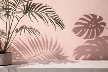 Tropical Palm Leaves Casting Shadows on a Pink Wall with Stylish Minimalist Aesthetic for Product Display and Interior Design Inspiration
