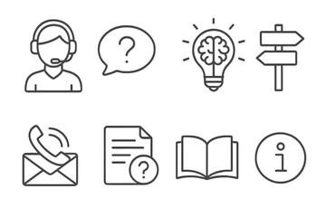 User support and info icon set with thin editable line stroke for help center, FAQ, customer assistance, knowledge base, guidance, contact, answers, information symbols