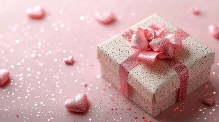 Elegant Pink Gift Box with Ribbon and Glitter on a Soft Background.