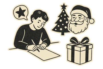 Vintage halftone Merry Christmas collage with boy writing letter to Santa, retro New Year vector stickers, holiday tree, Santa Claus face, gift box, dots texture design