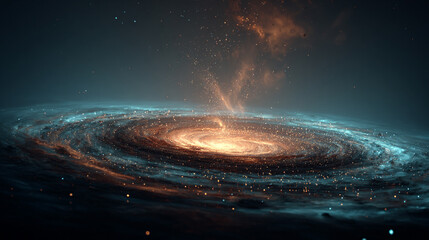 A glowing digital spiral floats suspended in the dark void of space. Hyperrealistic neon light traces its curves, casting subtle reflections and emphasizing its futuristic, abstract, and high-tech pre