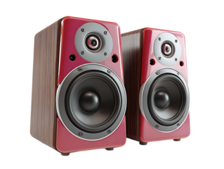 Pair of red wooden speakers isolated on transparent background