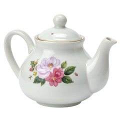 White ceramic teapot with floral design and gold trim sits on a black background.