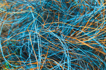 abstract collection of blue and orange cables or fibers that are intertwined and form a random pattern.