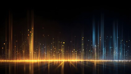 Vibrant abstract streaks of golden and blue light emanate from a dark horizon creating a luminous digital cityscape with shimmering reflections on a wet surface