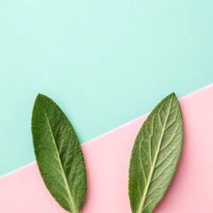 Sage Leaves on Pastel Background Aesthetic Botanical Flat Lay Design Minimalist Arrangement Two Leaves