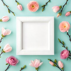 Elegant Floral Frame Mockup with Pink Roses and Buds on Light Blue Background for Spring or Wedding Invitations