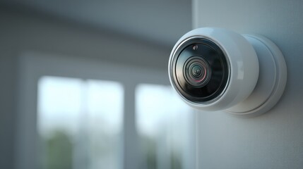 Closeup of smart home security camera interface in modern living room tech innovation indoor environment high-resolution view