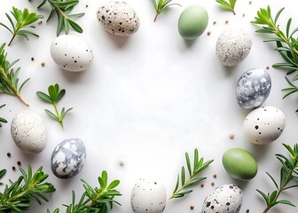 Elegant Easter Composition with Decorated Eggs and Fresh Green Herbs on White Background Perfect for Spring Celebration