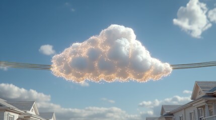 Fiber connection cloud over urban landscape conceptual digital art daytime bright sky innovative technology viewpoint