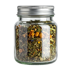 Clear glass jar filled with dried herbs and flowers, sealed with a metal lid.