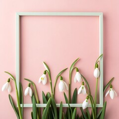 Snowdrop Flowers with Frame on Pink Background Floral Spring Design Concept Minimalist Aesthetic Nature and Elegance