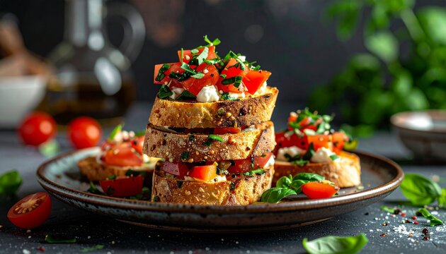 A delicious stack of classic Italian bruschetta with fresh tomatoes, basil, and cheese on toasted bread. - Powered by Adobe