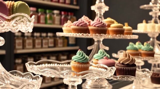 Elegant dessert display with colorful macarons and cupcakes in a pastry shop