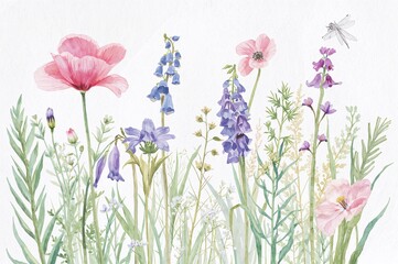 Watercolor Wildflower Meadow with Pink Poppies and Bluebells with Dragonfly Detailed Floral Illustration