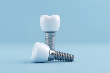 Dental Implants for Perfect Smile and Oral Health Restoration on Light Blue Background Studio Shot