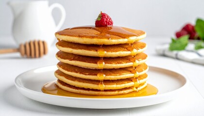 A delicious stack of fluffy golden pancakes drizzled with sweet maple syrup and topped with a fresh strawberry.