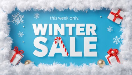 Festive Winter Sale Advertisement with Snowflakes and Gift Boxes for Holiday Shopping Promotion