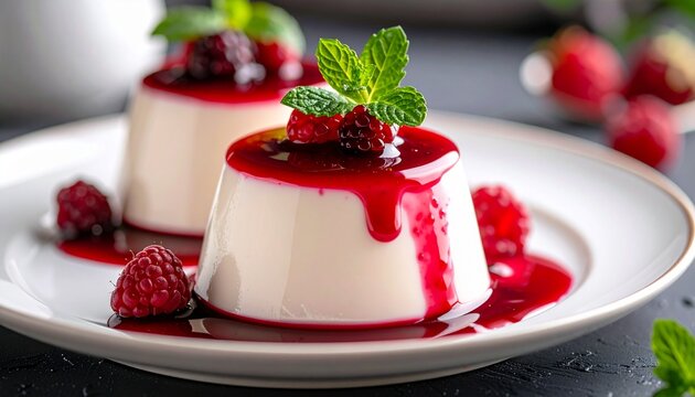 Two servings of elegant panna cotta dessert with raspberry sauce, fresh berries, and a mint garnish on a white plate.