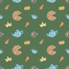 Seamless pattern with tea pot, tea cup, pie and leaves