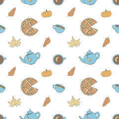 Seamless pattern with tea pot, tea cup, pie and leaves