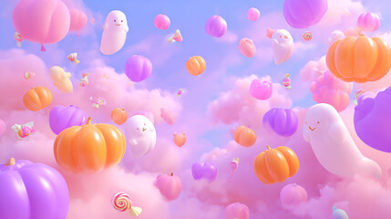 Pastel Halloween Sky with Floating Balloons and Copy Space