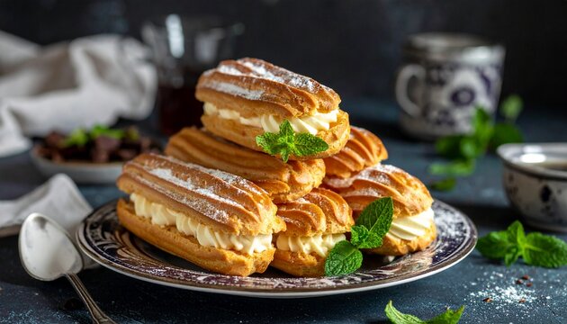 A close-up shot of a stack of delicious eclairs filled with cream and dusted with powdered sugar, garnished with fresh mint leaves. - Powered by Adobe