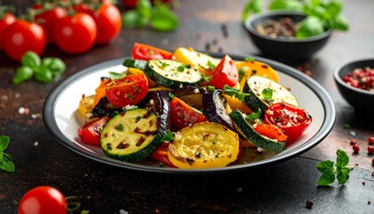 A vibrant plate of grilled vegetables including zucchini, eggplant, potatoes, and cherry tomatoes, garnished with fresh herbs.