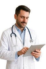 Doctor using a tablet isolated on transparent background