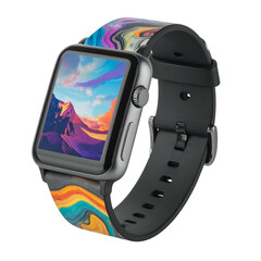 Smartwatch with colorful abstract pattern band displays mountain scenery.