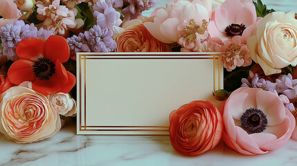 Elegant floral background featuring a gold-framed invitation card surrounded by pastel roses, ranunculus, and anemone flowers on a marble surface.