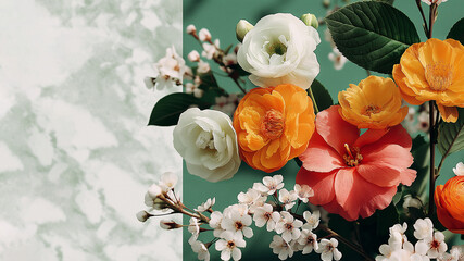 Elegant floral composition with orange, white, and coral flowers arranged beside marble texture and green background.