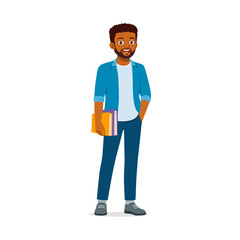 African American Man Standing Holding Books Smiling with Casual Outfit Cartoon Illustration Style