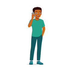 Young African American Man Talking on Mobile Phone with Happy Expression in Studio Shot