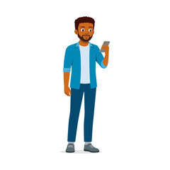 African American man in casual clothes looking at smartphone with neutral expression full body