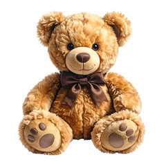 Fluffy brown teddy bear with dark brown ribbon sits on a black background.