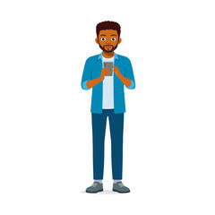 Obraz premium African man holding smartphone standing pose staring focused technology communication connection