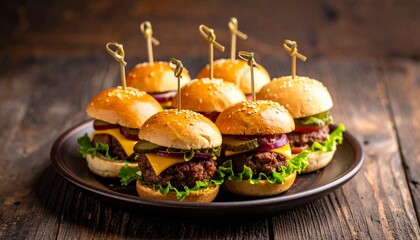 A delicious platter of mini cheeseburger sliders with fresh toppings on a rustic wooden table.