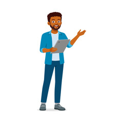 Smiling African American Man Holding Tablet and Gesturing with Hand in Casual Outfit Full Body