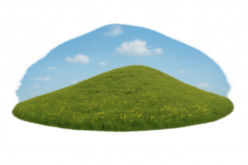 Green grass hill with yellow flowers under blue sky, clear sunny weather, transparent background for easy design