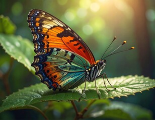 Obraz premium Vivid butterfly with colorful wings perched on a leafy green plant
