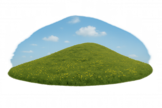 Green grass hill with yellow flowers under blue sky, clear sunny weather, transparent background for easy design
