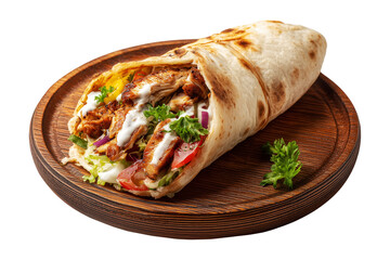 Tasty shawarma wrap in flatbread filled with grilled beef, lettuce, tomato, pickles with garlic sauce on rustic wooden plate, isolated on white background, concept of fast food