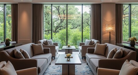 Elegant hotel lobby lounge with large windows overlooking a lush green forest